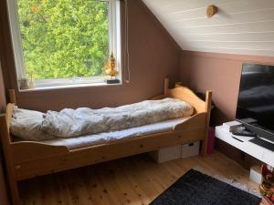 Schlafzimmer mit einem Bett und einem großen Fenster in der Unterkunft Aid og Svein’ s sentrumsnære panorama hjem in Kristiansand