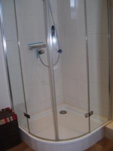 a shower with a glass door in a bathroom at Achterkoje in Heiligenhafen
