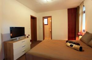 1 dormitorio con 1 cama y TV de pantalla plana en Ski Villa in Pamporovo Forest en Pamporovo