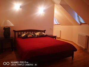 1 dormitorio con 1 cama con edredón rojo en Meškių dvarkiemis, en Bubiai