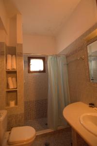 a bathroom with a shower and a toilet and a sink at Hotel Kroupi in Elati