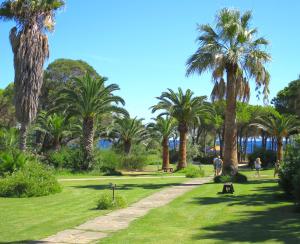 a park with palm trees and a path at Hotel Costa dei Fiori in Santa Margherita di Pula