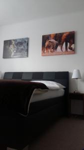 Studia Letců 2A في أولوموك: غرفة نوم بسرير مع صورتين على الحائط
