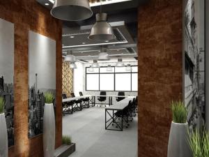 una oficina abierta con mesas, sillas y plantas en Lilian Lofts Hotel & Spa en Johannesburgo