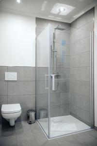 a shower stall in a bathroom with a toilet at Hotel & Restaurant Christian IV in Glückstadt