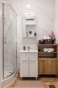 La salle de bains blanche est pourvue d'une douche et d'un lavabo. dans l'établissement Apartments Martha, à Dubrovnik
