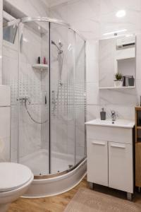 Un baño con ducha, inodoro y lavabo. en Apartments Martha, en Dubrovnik