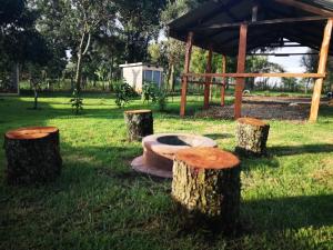a group of logs with a bench sitting in the grass at Ol marei Home in Nanyuki