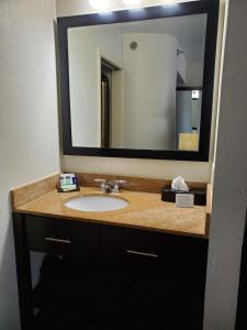 a bathroom with a sink with a large mirror at Sleep Inn Horn Lake-Southaven in Horn Lake