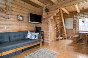 un soggiorno con divano in una baita di tronchi di Ainola Cottage ad Alapitkä