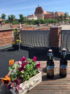 two bottles of beer sitting on a table with flowers at Bilderbuchcafe - Ferien Apartment NO 5 - Markt 7 in Havelberg