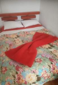 a bed with a red blanket on top of it at Simona in Topliţa