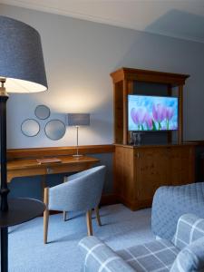 a living room with a tv and a couch and a chair at Schloss Hotel Dresden Pillnitz in Dresden