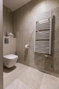 a bathroom with a toilet and a glass shower at Mountain View Apartament 1 in Szczyrk