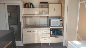 a kitchen with a sink and a microwave at Marco Zero Containers 5 in Balneário Camboriú