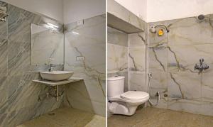 two pictures of a bathroom with a toilet and a sink at Hotel Meera Udaipur in Udaipur