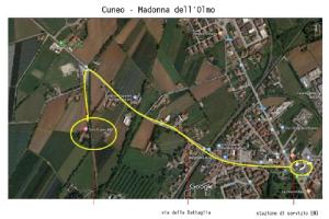a map with a yellow line on it at Tetto Nuovo B&B in Cuneo