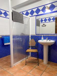 a blue bathroom with a shower and a sink at El Antiguo Molino in El Bosque