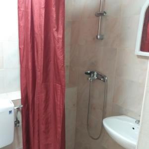 a shower with a red shower curtain in a bathroom at Petkovic Apartmani 3 in Tivat
