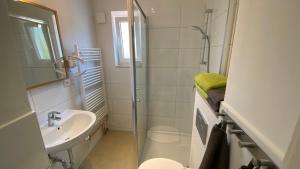 a bathroom with a shower and a toilet and a sink at BS Living Apartment 1 in Braunschweig +28 photos
