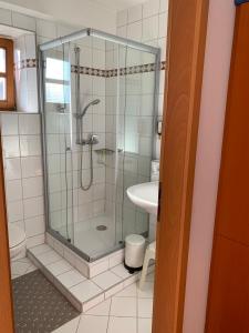 y baño con ducha acristalada y lavamanos. en Ferienappartement mit Panoramablick, en Rötz