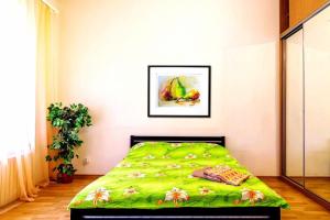 - une chambre avec un lit et une couette verte dans l'établissement Large apartment in the center, à Dnipro