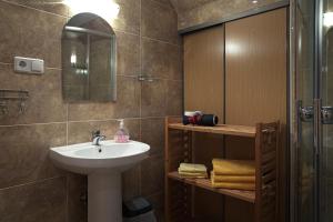 uma casa de banho com um lavatório, um espelho e um chuveiro em Seedri Guesthouse em Võru