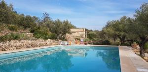 een zwembad met blauw water in een tuin bij Mas de Mingall in Les tres Cales