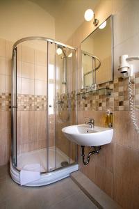 a bathroom with a shower and a sink at Hotel Taurus in Prague