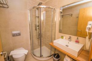 a bathroom with a shower and a sink and a toilet at Grand TheoNi Boutique Hotel & Spa in Vasiliki