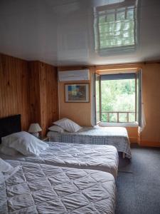 pokój hotelowy z 2 łóżkami i oknem w obiekcie Hotel Beau Rivage w mieście Pont-en-Royans