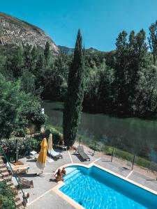 a swimming pool with a dog laying next to a lake at Hotel Beau Rivage in Pont-en-Royans