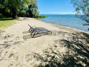 a bench sitting on the beach near the water at Ferien-Apartment Auenwald - mit priv Strandzugang in Friedrichshafen