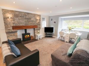 a living room with a couch and a fireplace at Bryn in Bangor