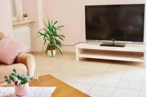 a living room with a large flat screen tv at BORGHETTO STORICO - Fronte Castello in Villar Dora