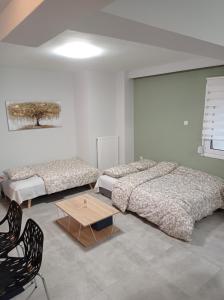 una camera con due letti, un tavolo e una sedia di Central Home a Tríkala