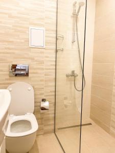 a bathroom with a toilet and a glass shower at Pirin Golf Studio Apartment in Razlog