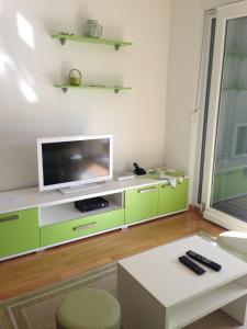 uma sala de estar com uma televisão de ecrã plano num centro de entretenimento verde em 1 BR Apt - North Coast Croatia em Crikvenica