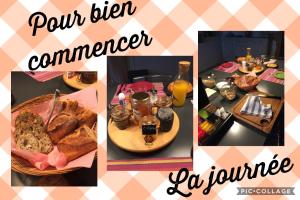 un collage de fotos de una mesa con comida en Chambres d'Hôtes La Vie en Roses, en Iguerande