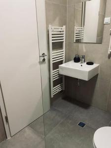 a bathroom with a sink and a mirror at Jacuzzi Apartment Code 96 in Zagreb