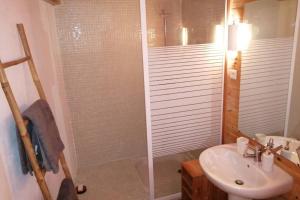 un bagno con wc, lavandino e doccia di Studio 22 m2, terrasse vue montagne, dans propriété face au Lac du Salagou a Liausson