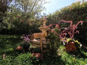 a fountain in the middle of a garden with flowers at Libélula Cabaña- Alojamiento rural in Duitama