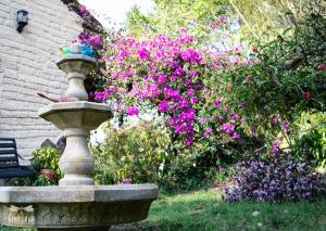 a stone fountain in a garden with pink flowers at Libélula Cabaña- Alojamiento rural in Duitama