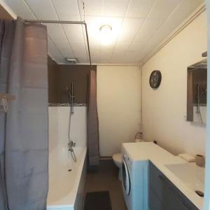 La salle de bains est pourvue d'un lavabo et d'un lave-linge. dans l'établissement Gîte "La Cachette Bourgueilloise", à Bourgueil