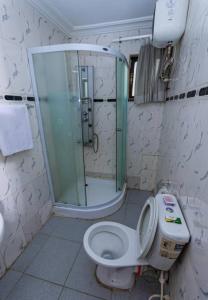 a bathroom with a shower and a toilet and a sink at Choice Suites III in Ikeja