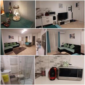 a collage of four pictures of a living room at Onix - Orfű Apartman in Orfű