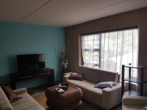 un salon avec un canapé et une grande fenêtre dans l'établissement Whalestone, à Port Elizabeth
