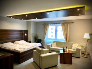 sypialnia z łóżkiem, kanapą, łóżkiem i krzesłem w obiekcie Hotel & Restaurant Pod Kaštany w mieście Krupka
