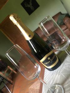 een fles wijn en een glas op een tafel bij Une Escapade sur La Palette in Bertogne