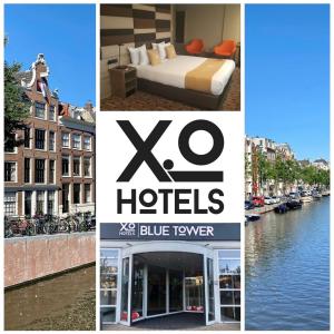 a collage of pictures of a hotel and a river at XO Hotels Blue Tower in Amsterdam